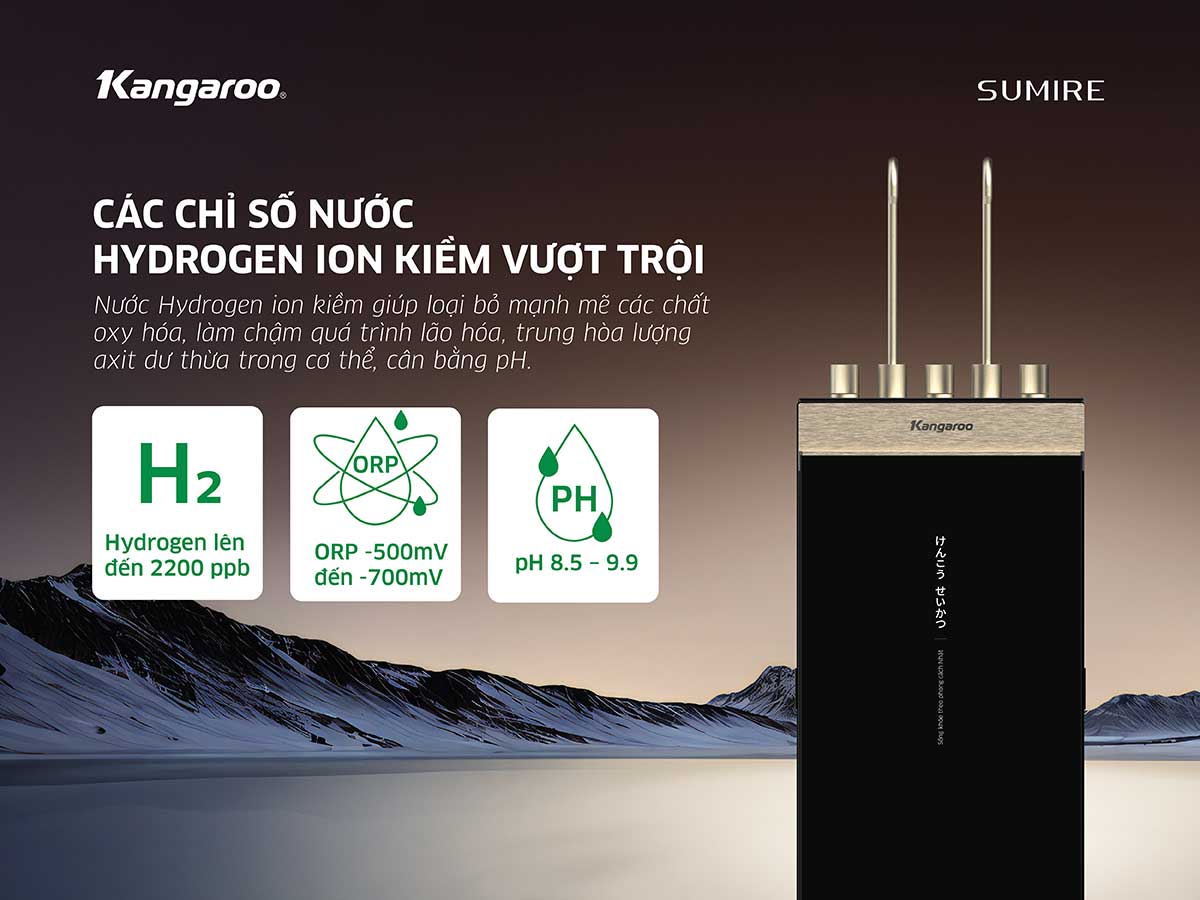Máy lọc nước ion kiềm Kangaroo Hydrogen nóng lạnh KGHC12A2 Máy lọc nước ion kiềm Kangaroo Hydrogen nóng lạnh KGHC12A2